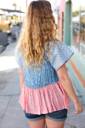 Blue & Pink Polka Dot Floral Tie Front Babydoll Top - Coeur de la Mode