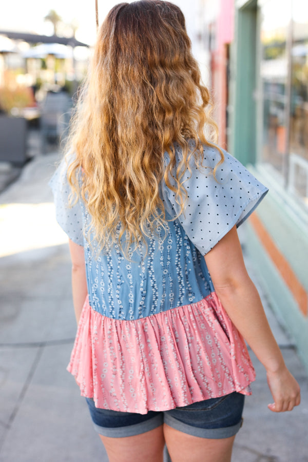Blue & Pink Polka Dot Floral Tie Front Babydoll Top - Coeur de la Mode