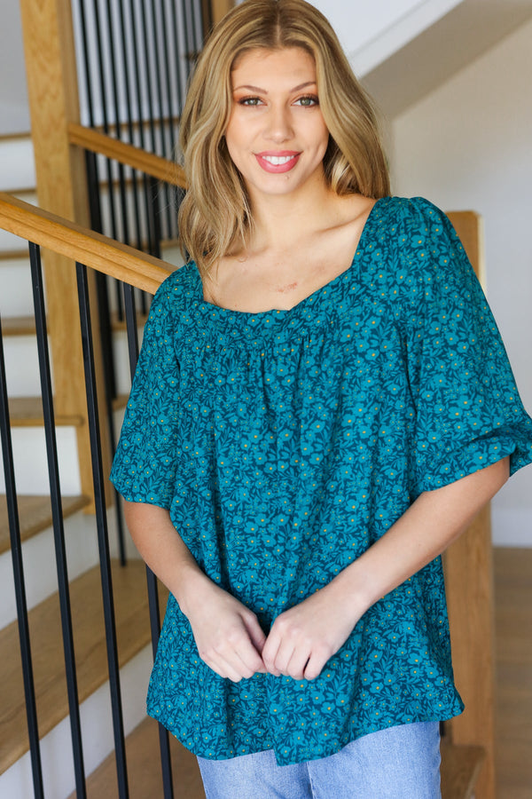 Perfectly You Teal Floral Three Quarter Sleeve Square Neck Top - Coeur de la Mode