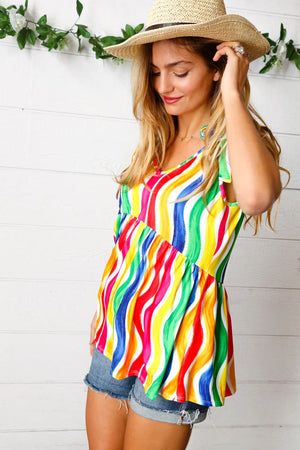 Multicolor Wavy Stripe Shoulder Tie Detail Top - Coeur de la Mode