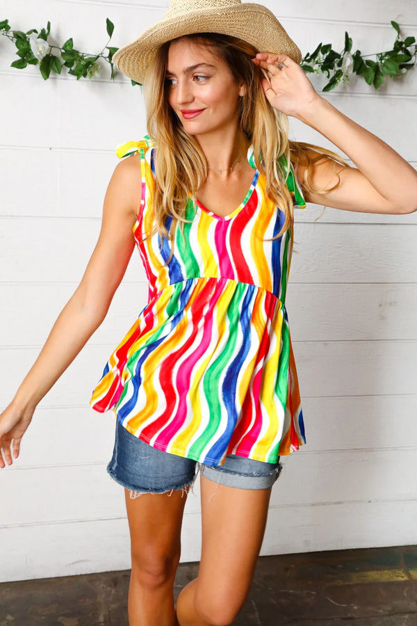 Multicolor Wavy Stripe Shoulder Tie Detail Top - Coeur de la Mode