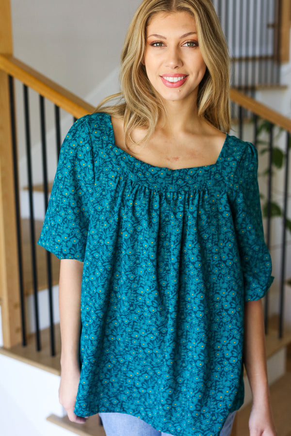 Perfectly You Teal Floral Three Quarter Sleeve Square Neck Top - Coeur de la Mode