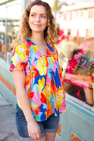 Orange & Yellow Geometric Floral V Neck Dolman Top - Coeur de la Mode