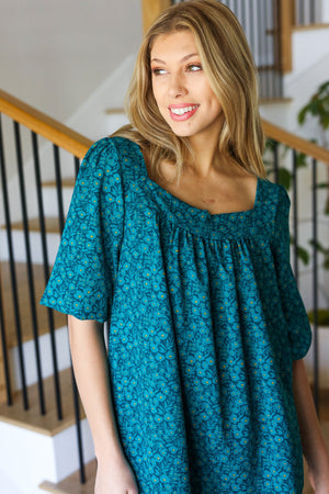 Perfectly You Teal Floral Three Quarter Sleeve Square Neck Top - Coeur de la Mode