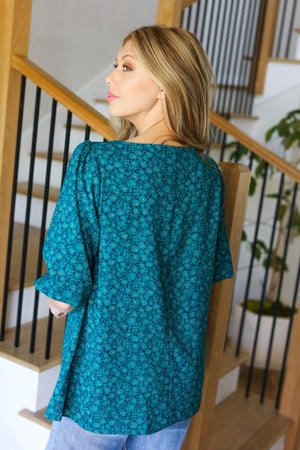 Perfectly You Teal Floral Three Quarter Sleeve Square Neck Top - Coeur de la Mode
