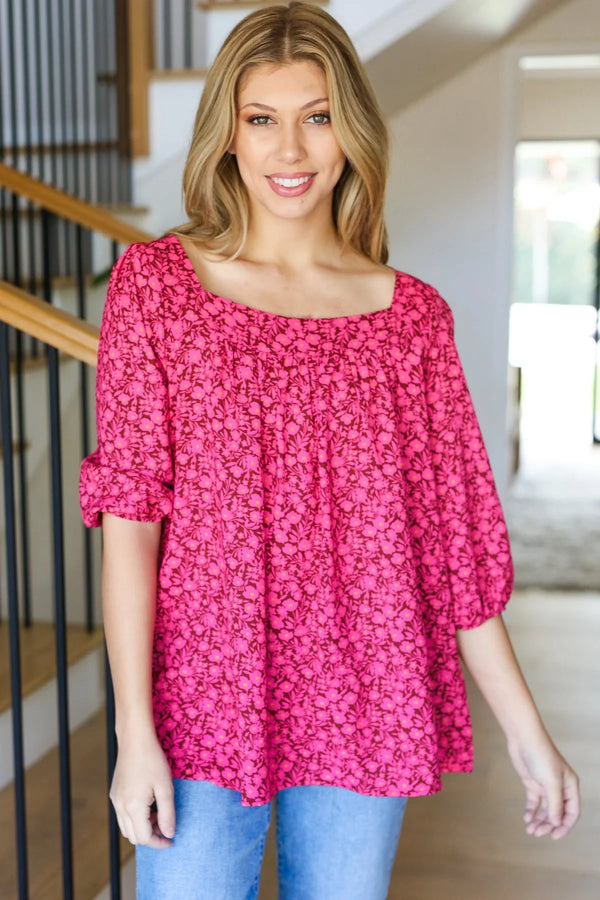 Perfectly You Fuchsia Floral Three Quarter Sleeve Square Neck Top - Coeur de la Mode