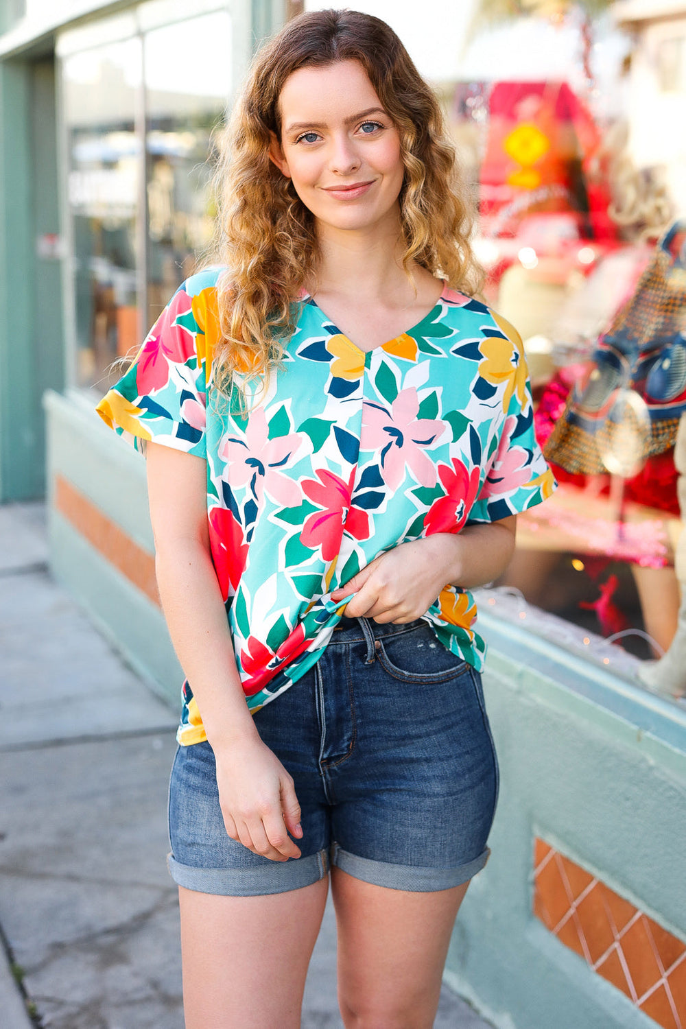 Teal & Coral Flat Floral V Neck Top - Coeur de la Mode