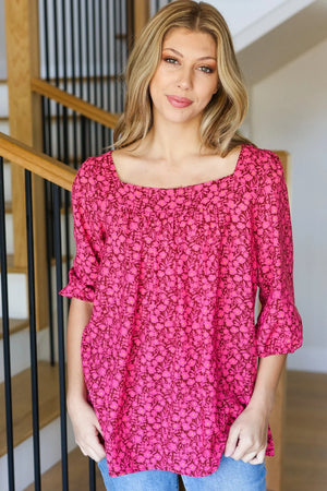 Perfectly You Fuchsia Floral Three Quarter Sleeve Square Neck Top - Coeur de la Mode