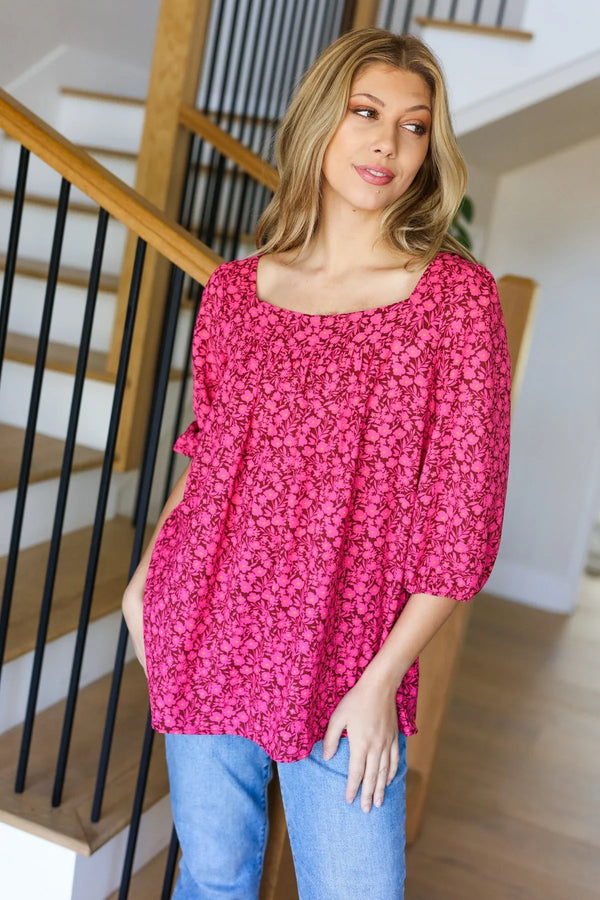 Perfectly You Fuchsia Floral Three Quarter Sleeve Square Neck Top - Coeur de la Mode