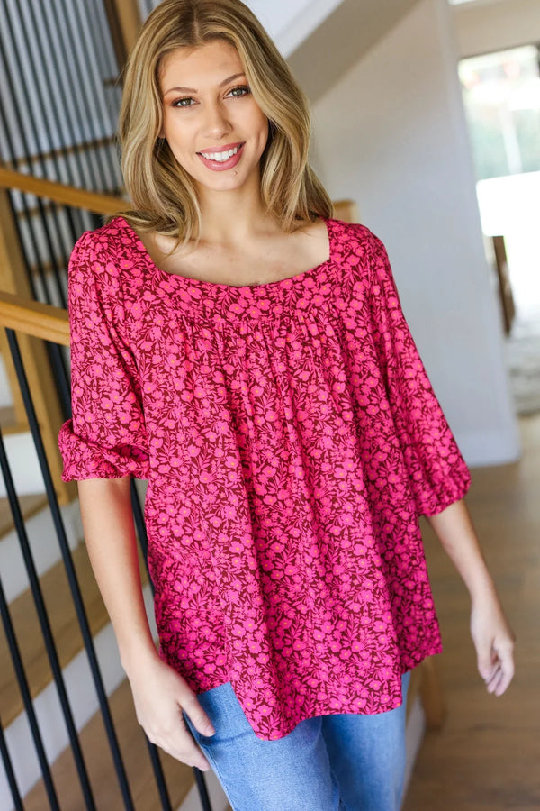 Perfectly You Fuchsia Floral Three Quarter Sleeve Square Neck Top - Coeur de la Mode