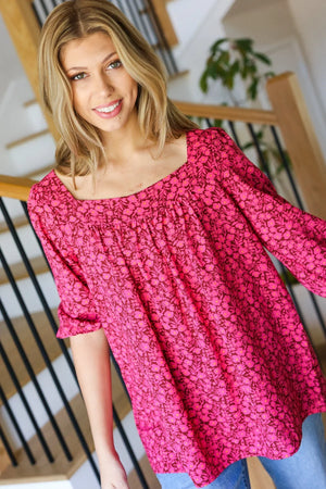 Perfectly You Fuchsia Floral Three Quarter Sleeve Square Neck Top - Coeur de la Mode