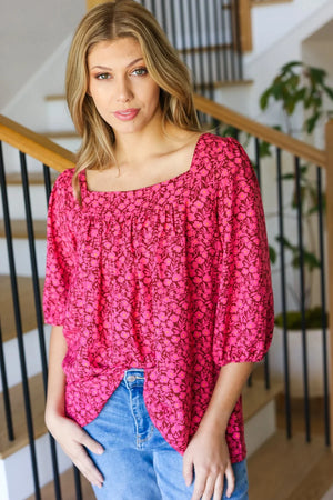 Perfectly You Fuchsia Floral Three Quarter Sleeve Square Neck Top - Coeur de la Mode