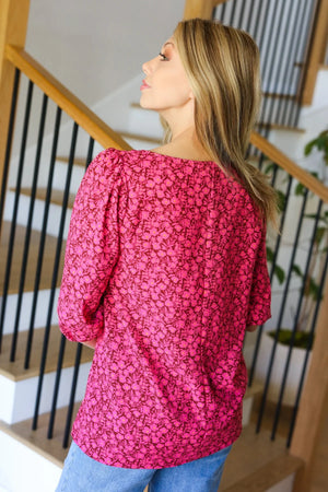 Perfectly You Fuchsia Floral Three Quarter Sleeve Square Neck Top - Coeur de la Mode