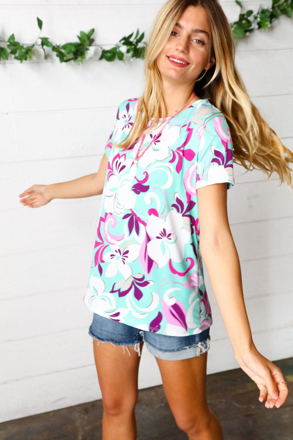 Turquoise & Purple Flat Floral Print Top - Coeur de la Mode