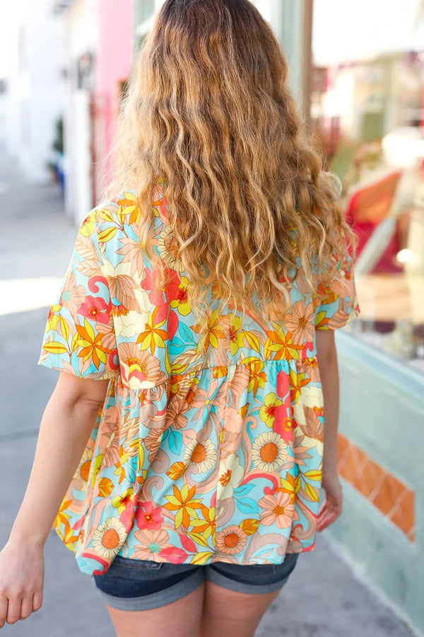 Peach & Aqua Floral Babydoll Top - Coeur de la Mode