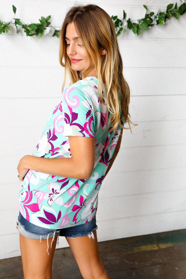 Turquoise & Purple Flat Floral Print Top - Coeur de la Mode