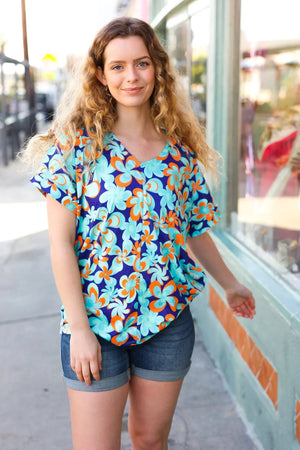Blue & Orange Flat Floral V Neck Top - Coeur de la Mode