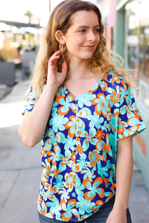 Blue & Orange Flat Floral V Neck Top - Coeur de la Mode