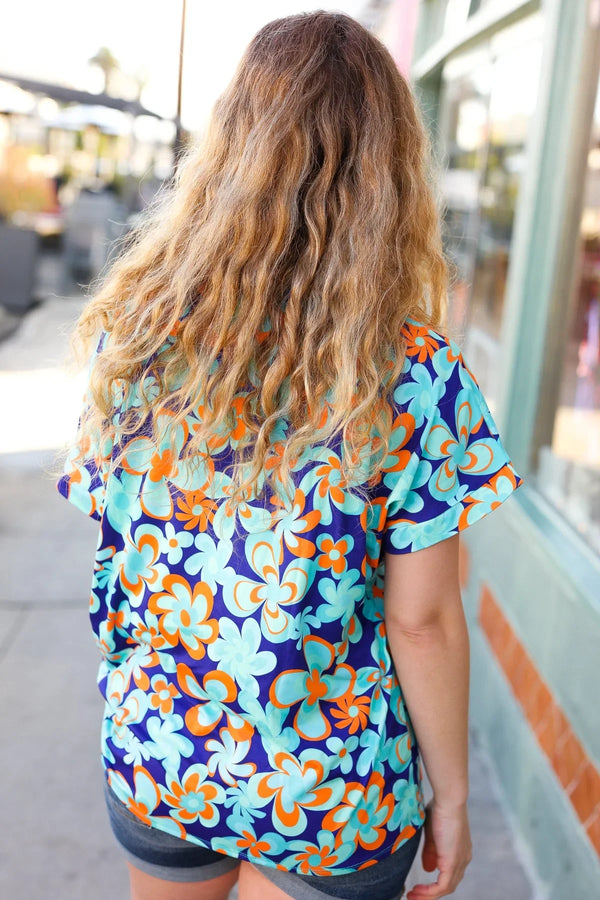Blue & Orange Flat Floral V Neck Top - Coeur de la Mode