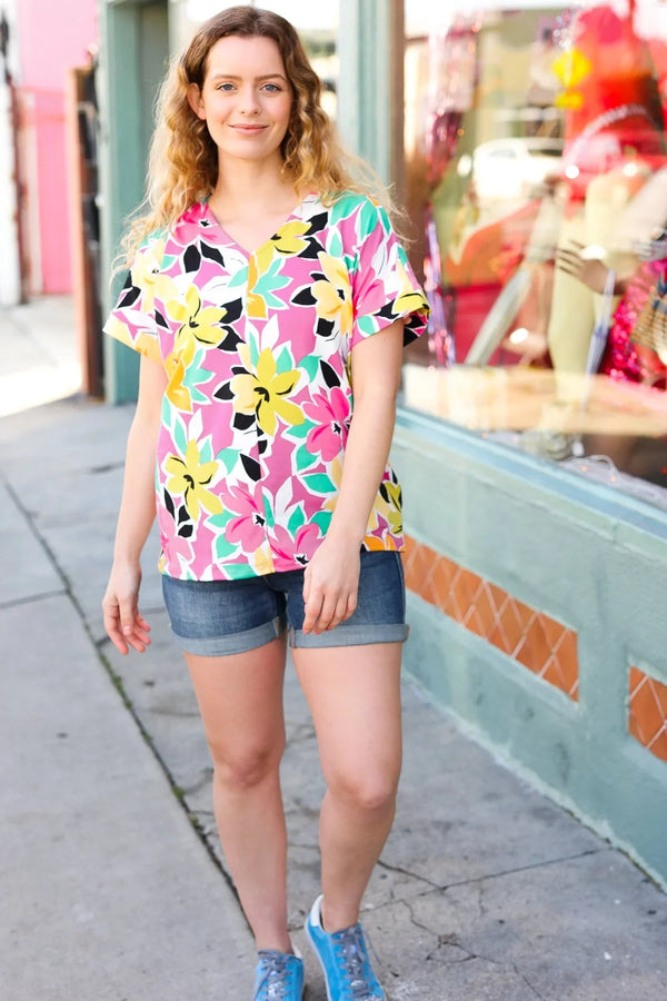 Fuchsia & Emerald Flat Floral V Neck Top - Coeur de la Mode