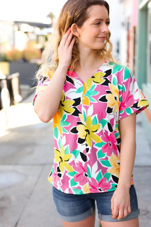 Fuchsia & Emerald Flat Floral V Neck Top - Coeur de la Mode