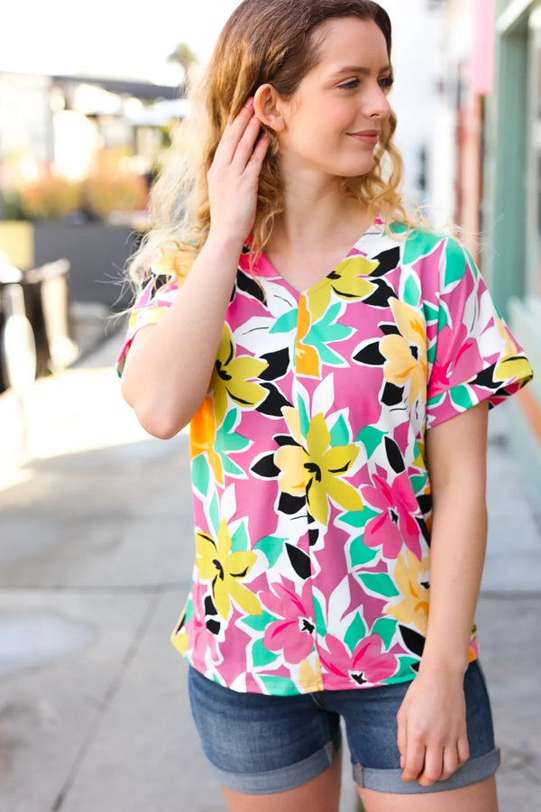 Fuchsia & Emerald Flat Floral V Neck Top - Coeur de la Mode