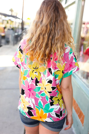 Fuchsia & Emerald Flat Floral V Neck Top - Coeur de la Mode