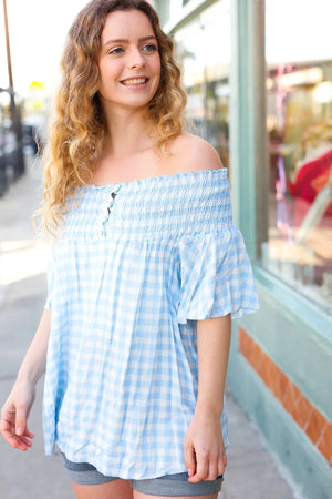 Blue Gingham Smocked Button Off Shoulder Top - Coeur de la Mode