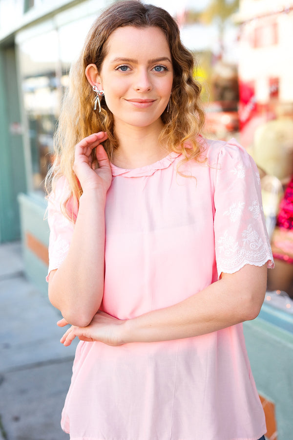Spread Joy Blush Mock Neck Embroidered Woven Top - Coeur de la Mode