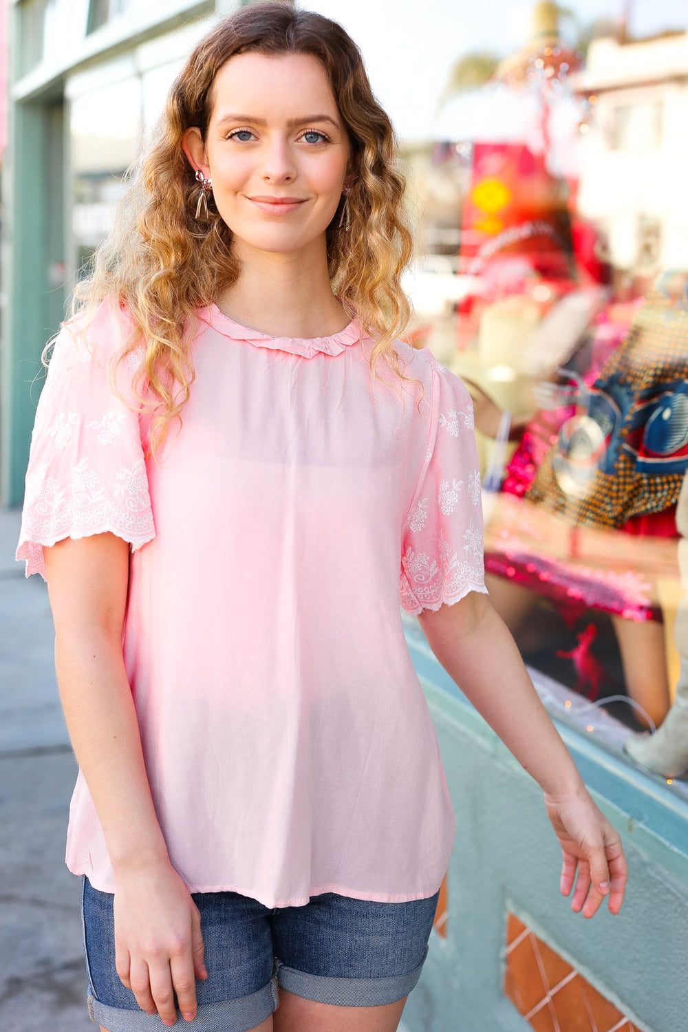 Spread Joy Blush Mock Neck Embroidered Woven Top - Coeur de la Mode