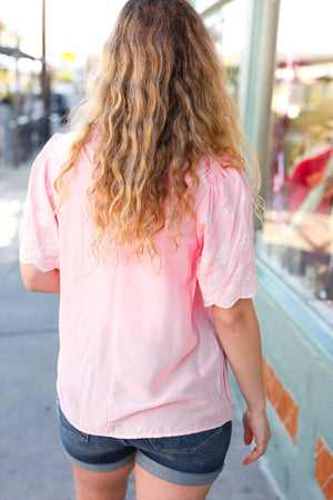 Spread Joy Blush Mock Neck Embroidered Woven Top - Coeur de la Mode