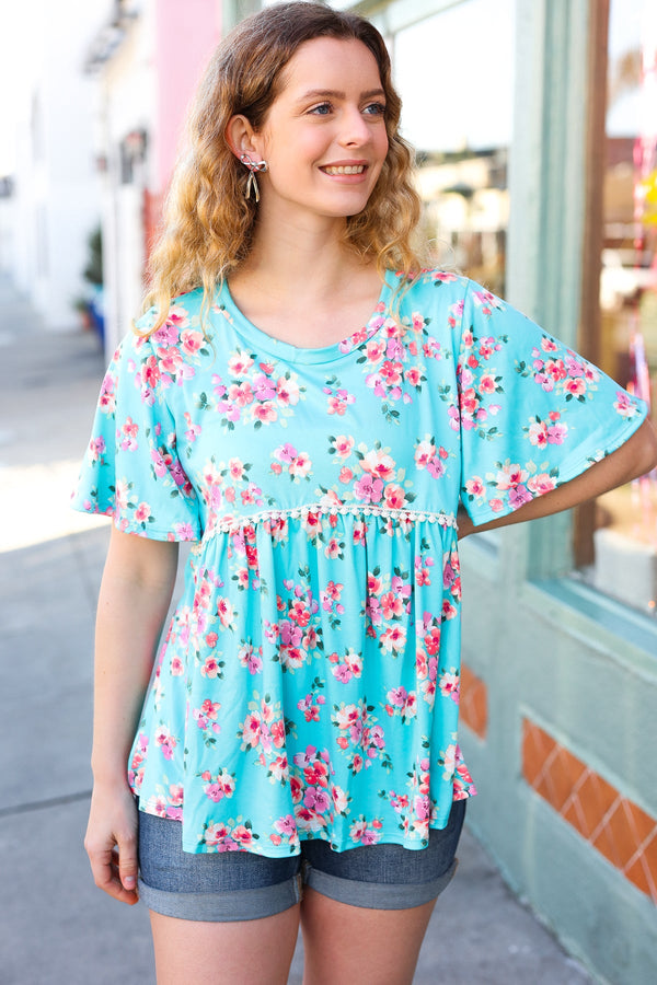 Sky Blue Three-Quarter Sleeve Floral Peplum Babydoll Top - Coeur de la Mode