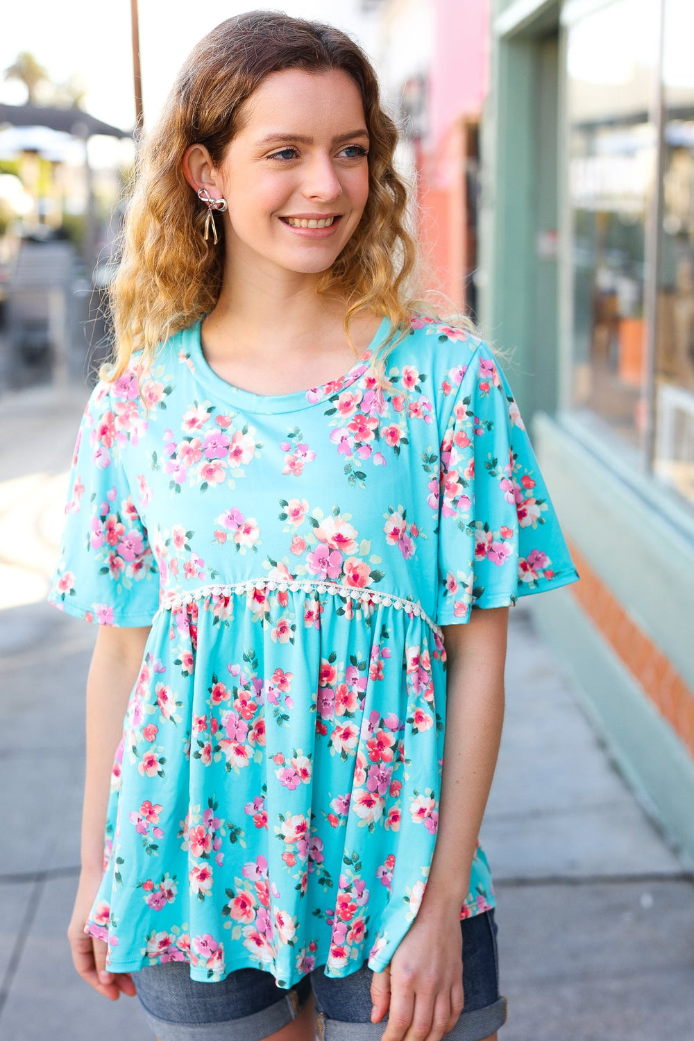 Sky Blue Three-Quarter Sleeve Floral Peplum Babydoll Top - Coeur de la Mode
