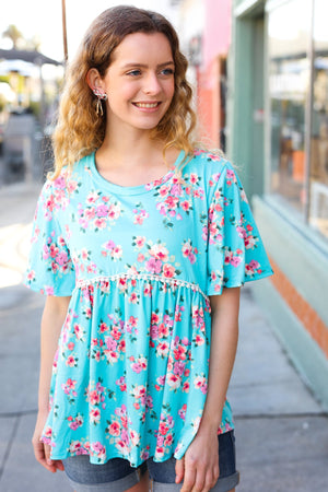 Sky Blue Three-Quarter Sleeve Floral Peplum Babydoll Top - Coeur de la Mode