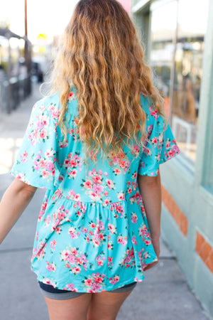 Sky Blue Three-Quarter Sleeve Floral Peplum Babydoll Top - Coeur de la Mode