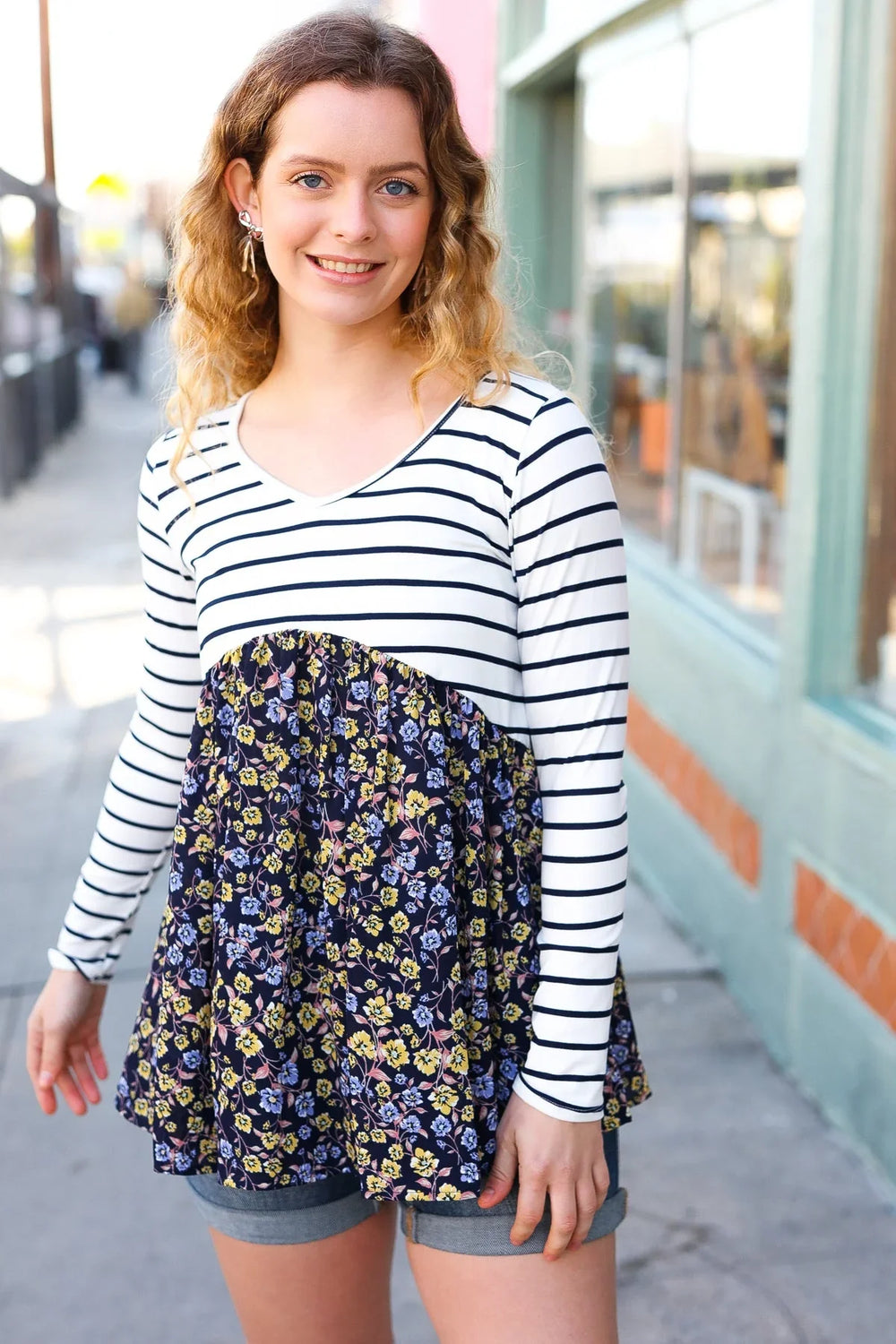 Cream & Navy Floral Stripe V Neck Colorblock Top - Coeur de la Mode