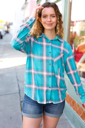 Teal & Pink Plaid Front Pocket Button Down Shacket - Coeur de la Mode