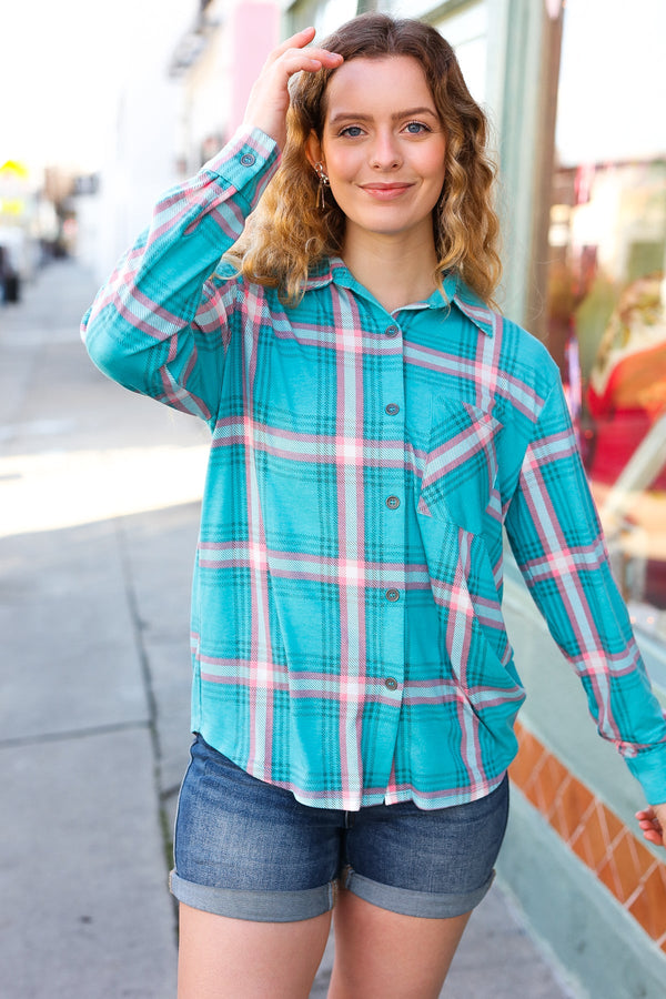 Teal & Pink Plaid Front Pocket Button Down Shacket - Coeur de la Mode
