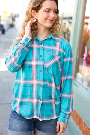 Teal & Pink Plaid Front Pocket Button Down Shacket - Coeur de la Mode