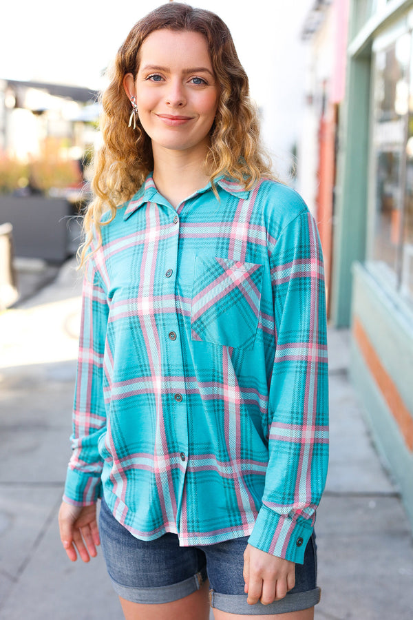 Teal & Pink Plaid Front Pocket Button Down Shacket - Coeur de la Mode