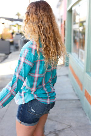 Teal & Pink Plaid Front Pocket Button Down Shacket - Coeur de la Mode