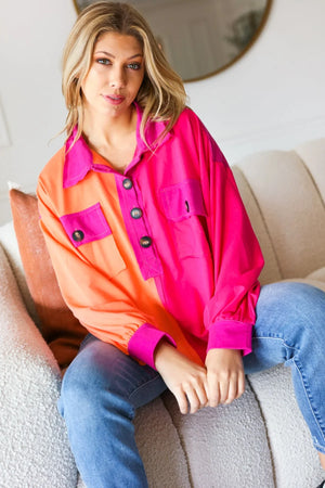 Feeling Bold Orange & Fuchsia Color Block Button Down Top - Coeur de la Mode