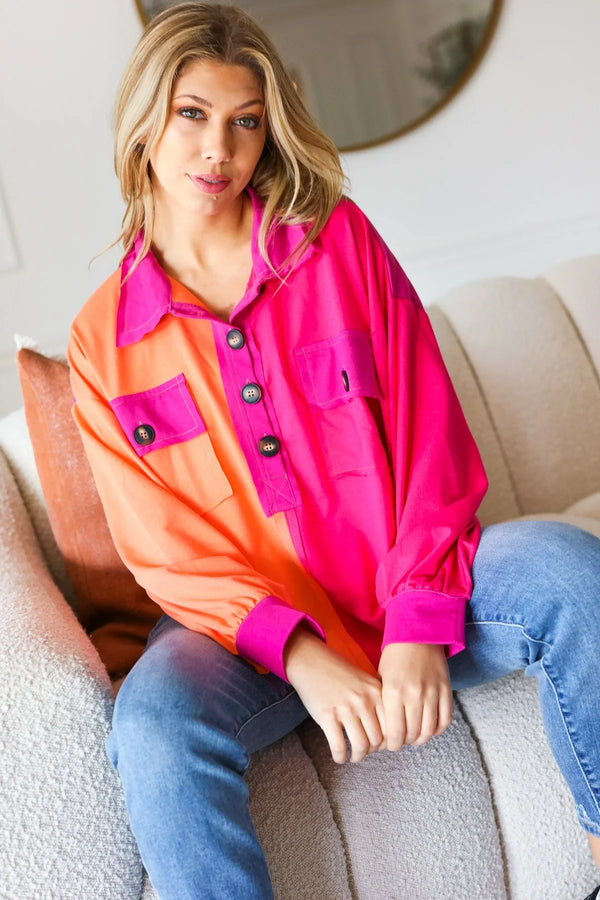Feeling Bold Orange & Fuchsia Color Block Button Down Top - Coeur de la Mode