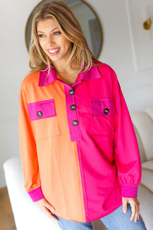 Feeling Bold Orange & Fuchsia Color Block Button Down Top - Coeur de la Mode