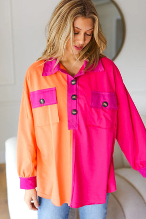 Feeling Bold Orange & Fuchsia Color Block Button Down Top - Coeur de la Mode