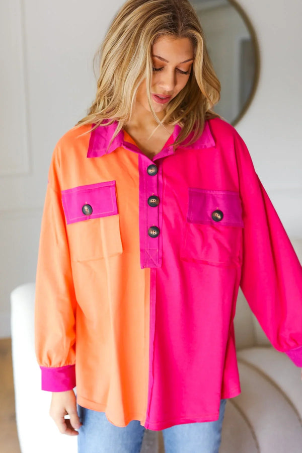 Feeling Bold Orange & Fuchsia Color Block Button Down Top - Coeur de la Mode