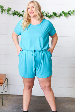 Ice Blue Brushed Knit Elastic Waist Pocketed Romper - Coeur de la Mode