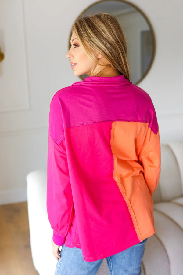 Feeling Bold Orange & Fuchsia Color Block Button Down Top - Coeur de la Mode