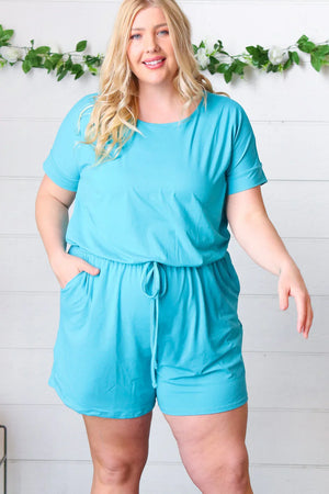 Ice Blue Brushed Knit Elastic Waist Pocketed Romper - Coeur de la Mode