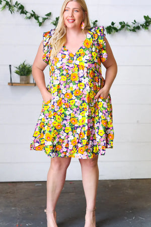 Indigo & Lemon Floral Babydoll Ruffle Dress - Coeur de la Mode